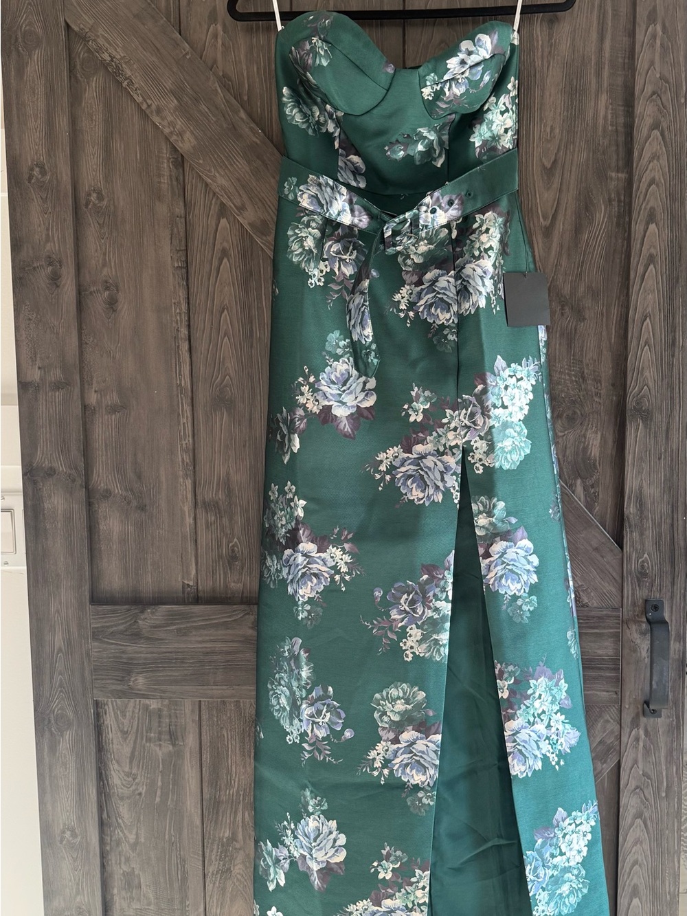 Lulu's Emerald Green Strapless Floral Satin Gown